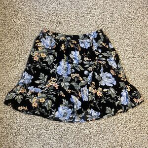 Black Floral A-Line Women's Skirt with Blue Flowers